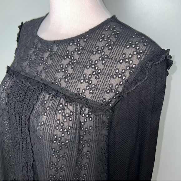 Knox Rose Black Eyelet Lace Blouse Large Boho Peasant Top Sheer Bohemian - Picture 5 of 13